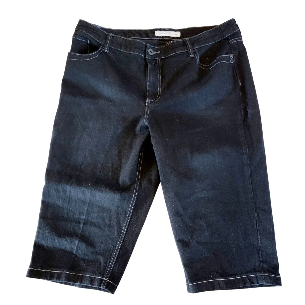 Chico's 3 Platinum Denim Black Bermuda‎ Shorts Contrast Stitch  XL Beach Jeans